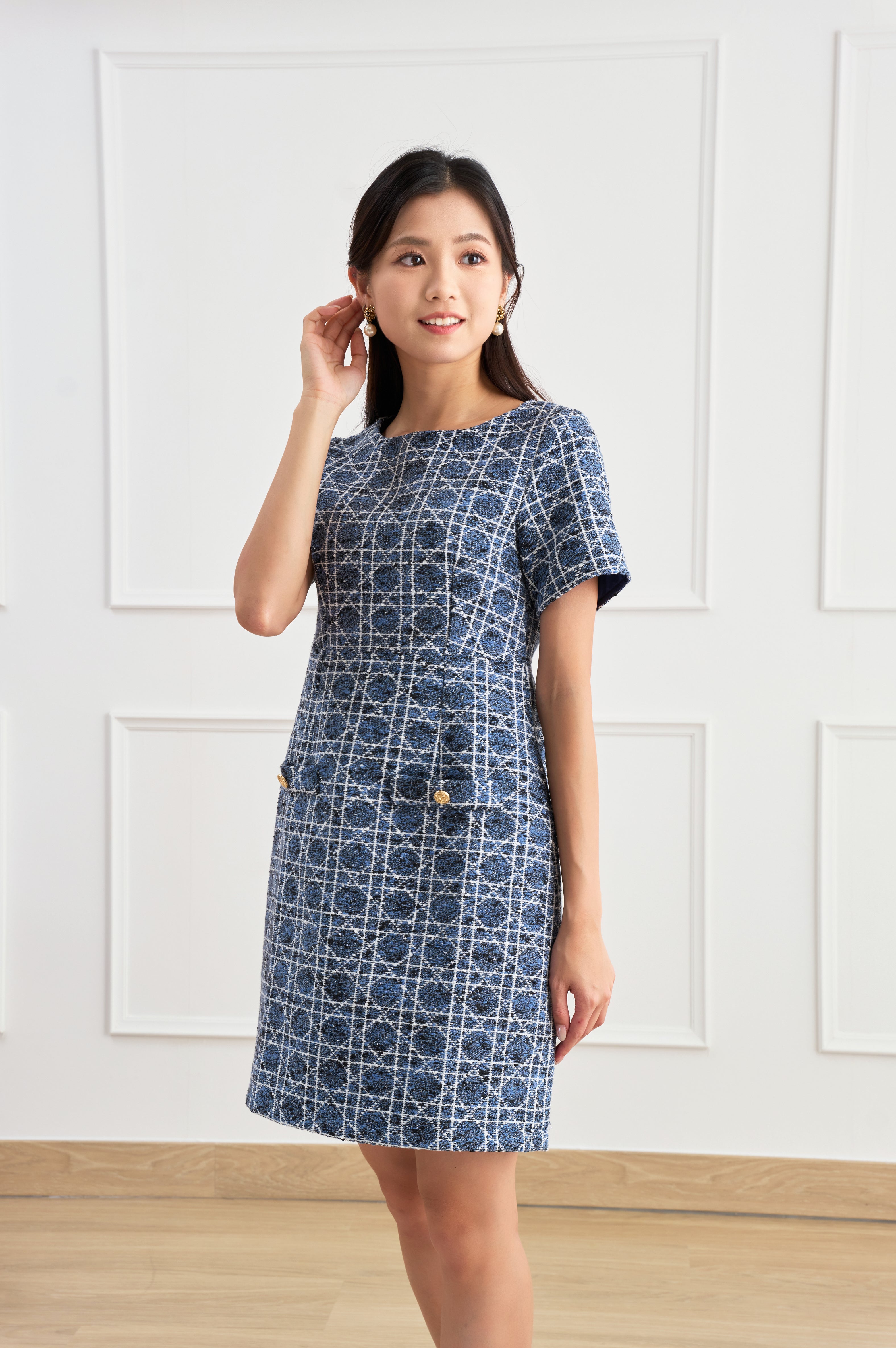 Lumignon original Blue tweed dress ブラック Pearl Blue Tweed Dress – MyAleshia